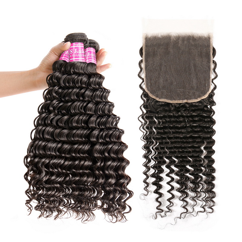 Virgin Deep Wave Hair Bundles With 6x6 Transparent/HD Lace Closure